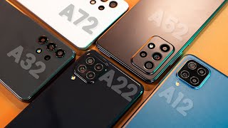 Every Samsung Galaxy A Series Phone Compared 2021 A02 A12 A22 A32 A52 A72 [upl. by Wehtta]