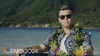 Don’t say Colin Jost isn’t working hard covering surfing at the Paris Olympics  NBC Sports [upl. by Ydissac]