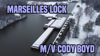 MV Cody Boyd at Marseilles Locks on the Illinois River in the SNOW  Tugboat Pushboat Towboat [upl. by Yanahs183]