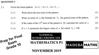 Question 3  November 2019  Grade 10  Mathematics  Number Pattern [upl. by Egon158]