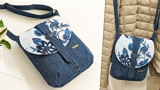 DIY Small Floral and Denim No Zipper Crossbody Bag With a Round Flap Out of Old Jeans Bag Tutorial [upl. by Itch]