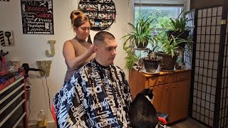 Cat sits on his lap during his haircut Straight Razor Bald Fade [upl. by Latrena]