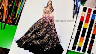 How to Paint  Fashion Illustration for beginners SparklyGlitter Gown [upl. by Sinylg824]