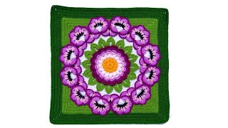 Como tejer el Cuadrado de colores N° 69 con flor a crochet en 3D para colchas y cojines paso a paso [upl. by Alohcin645]