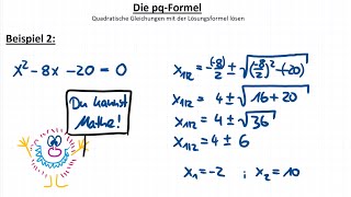 pqFormel 2 Beispiel mit negativem p und q quadratische Gleichungen lösen [upl. by Atsirk]