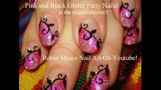 Nail Art Design  DIY Pink Diagonal French  Glitter amp Black Vine Nails Tutorial [upl. by Phia]