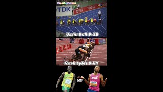 Side by Side Usain Bolt 958 WR vs Noah Lyles 981 PB trackandfield olympics [upl. by Silenay]