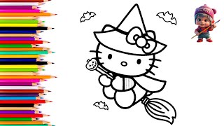 Hello Kitty in Halloween 🎃😺🎀🧹 Drawing and Pencil Coloring for Kids and Toddlers Easy Step by Step [upl. by Scotti]