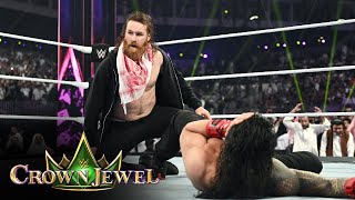 Sami Zayn accidentally hits Roman Reigns with a Helluva Kick Crown Jewel 2024 highlights [upl. by Halima217]