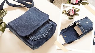 DIY No Zipper Square Flap Over Denim Crossbody Bag Out of Old Jeans  Bag Tutorial  Upcycle Craft [upl. by Elades916]