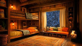 Warm log cabin bedroom on a winter night  A peaceful night in a cabin with a fireplace  Cozy snow [upl. by Nosraep]