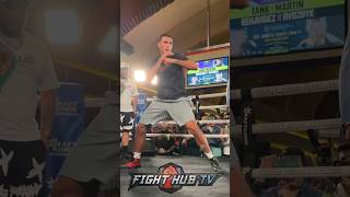 David Benavidez shows Gvozdyk KO shot at open workouts [upl. by Anipsed]