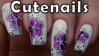 Fuchsia  purple flower amp swirls nail art design [upl. by Mmada231]