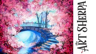 Cherry Tree Bridge How to paint with Acrylic on Canvas Artist knife  TheArtSherpa [upl. by Svetlana]