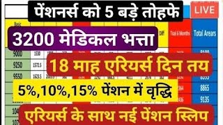 📣 पेंशनर्स को 5 बड़े तोहफे3200 FMA18 माह DA एरियर्स51015 पेंशन में वृद्धिनई पेंशन स्लिप 🔥🔥 [upl. by Nagah]