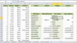 Excel  Zwölf DatenbankFunktionen  DBSUMME DBMITTELWERT DBAUSZUG etc [upl. by Benisch]