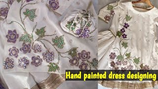 Beautiful Hand painted dress designing  Embroidery tutorial  beads design on dress 😍👗 [upl. by Egroej]