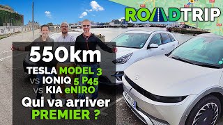 550km  Tesla Model 3 vs Ioniq 5 vs eNiro  qui va arriver premier  Roadtrip ft Arml iTech [upl. by Itsym]