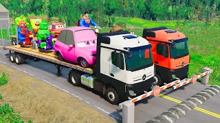 Flatbed Trailer Truck Potholes Transport Car Portal Trap Rescue  Cars vs Speed Bumps  BeamNGdrive [upl. by Nunci]