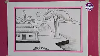 village scenery drawing with pencil for beginners  kids scenery drawing [upl. by Socrates502]