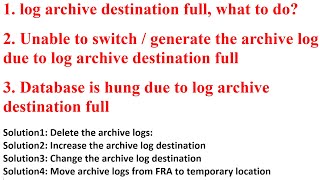 log archive destination full  What to do  DB is hung due to FRA is Full [upl. by Toscano664]