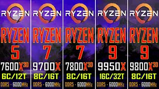 RYZEN 5 7600X3D vs RYZEN 7 9700X vs RYZEN 7 7800X3D vs RYZEN 9 9950X vs RYZEN 7 9800X3D [upl. by Joelly]