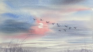 BEGINNERS Watercolor Wetlands SUNSET 3 COLORS LOOSE Watercolour Landscape PAINTING Tutorial DEMO [upl. by Okim]