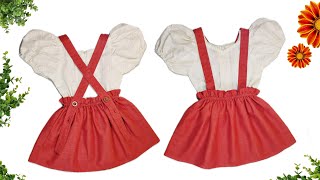 Baby Dungaree Skirt Cutting And Stitching  Baby Puff Sleeves Shirt With Dungaree Skirt [upl. by Airal161]