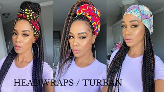 5 EASY HEADWRAP TURBAN STYLES for Senegalese Twists Braids Locs  Tupo1 [upl. by Annaor]