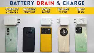 5G BATTERY Drain and CHARGE Test  OnePlus Nord CE 4 vs Nothing Phone 2a vs POCO X6 Pro vs iQOO Z9 [upl. by Mackoff]