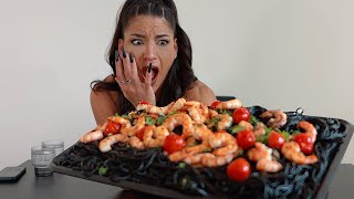 INSANE 7lb SQUID INK SEAFOOD PASTA PLATTER STAINED MOUTH BLACK  LeahShutkever [upl. by Animlehliw856]