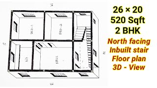 26 × 20 North facing house plan  26 x 20 Floor plan  2BHK in 520 sq ft  Compact house plan [upl. by Iliak]