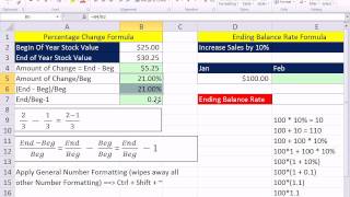 Excel 2010 Statistics 10 Percentage Change and Ending Balance Formulas [upl. by Ellerehs854]