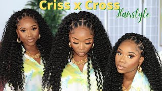 CRISS CROSS HAIRSTYLE WITH CURLY CROCHET HAIR NO TANGLE  PROTECTIVE STYLE  CHEV B [upl. by Copp]