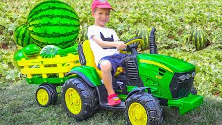 Tractor Excavator Watermelon Racing  Damian and Darius Fun Stories [upl. by Saidee174]