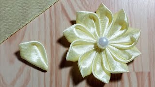 Kanzashi ribbon flower tutorialSatin ribbon craftRibbon flowers easyDiy flower making [upl. by Ocinemod353]