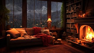 Rainy Night on Window with Crackling Fireplace amp Wind Sounds for Sleep [upl. by Sill578]