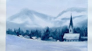 Paint A HOLIDAY CARD 2 COLOR LIMITED PALETTE Watercolor Landscape Painting Watercolour Tutorial [upl. by Zumwalt]