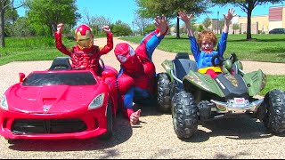 Superheroes Power Wheels Race  Iron Man Vs Superman with Spiderdad [upl. by Lorene]