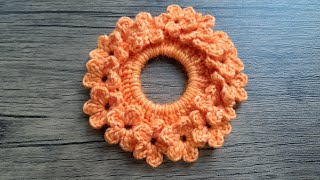 Love Super easy crochet flower hair scrunchies Beginner friendly [upl. by Olga654]