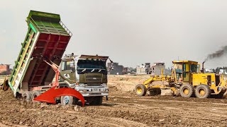 Unloading Truck Dumper Stucked And Cat Grader Motor Spreading it  ZKB Machines [upl. by Milore402]