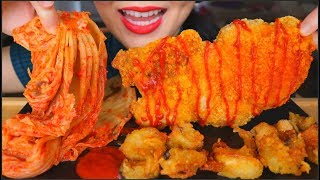 ASMR HUGE SPICY FRIED CHICKEN FILLET  FRIED MUSHROOM  KIMCHI  EATING SOUNDS  NO TALKING [upl. by Noryak]