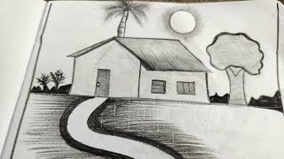 Scenery pencil drawing ll Very easy pencil drawing Scenery natural house 🏡 [upl. by Cinomod676]