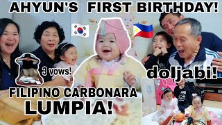 AHYUN FIRST KOREANFILIPINO STYLE BIRTHDAY doljabi highlight  FILIPINO CARBONARA AND LUMPIA FOOD [upl. by Osmo428]