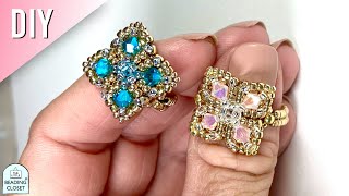 How to make a beaded ring with 4mm bicone crystals and seed beads  THE FOUR CORNERS RING [upl. by Wilinski]