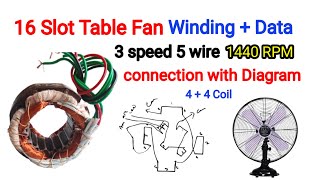 16 Slot Table Fan Winding Data ll 3 speed connection diagram ll 1440 rpm 44 coil winding data [upl. by Kesia784]