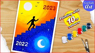 How to Draw New year painting with 10 rs colors  Easy happy new year drawing tutorial [upl. by Ymorej415]