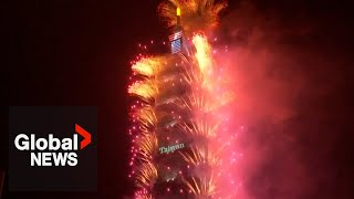 New Years 2024 Taiwans Taipei 101 lit up with dazzling fireworks [upl. by Arnaud]