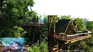 Bushcraft And Survival Build A House Plastic Roof On The Tree In The Forest Solo survival camping [upl. by Tol]