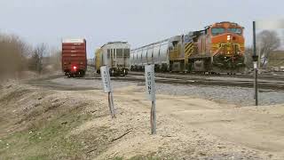 BNSF busy little interchange yard rural Illinois Illinois Railway Zearing IL 1 outbound 1 inbound [upl. by Atilrak219]